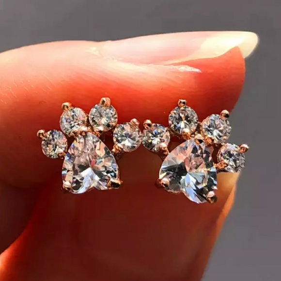 Gold Diamond Heart Paw Print earrings ear ring - Picture 4 of 7